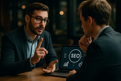 Un consultant SEO en train d'expliquer les erreurs de référencement on-site à éviter absolument